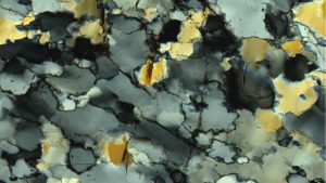 A photo of quartz grains as seen through a microscope