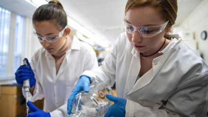 Students working in a laboratory with a bottle and pipette