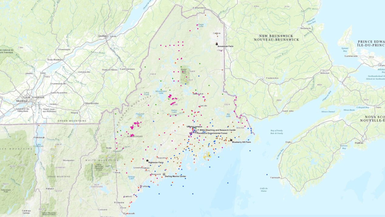 A map of Maine and surrounding areas with colored dots representing the locations of research projects.
