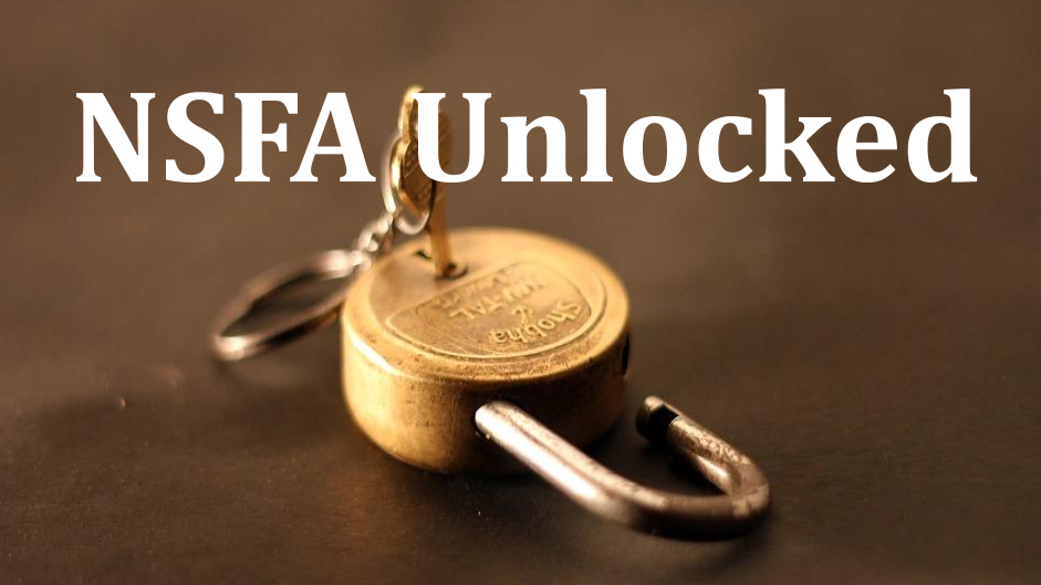 An unlocked padlock with a key inside laying on a surface. White text that says "NSFA Unlocked" overlays the image.
