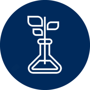 Navy blue circle with a white icon featuring a chemistry flask with a liquid inside and the stem of a plant.