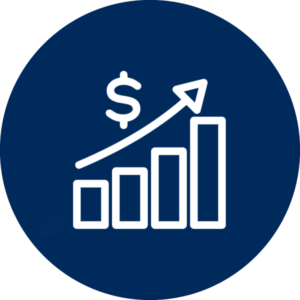 Navy blue circle with a white icon featuring an increasing bar graph with an arrow and dollar sign.