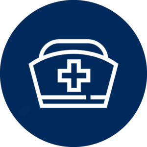 Navy blue circle with a white icon featuring a hat with a cross on it that is worn by some nurses.
